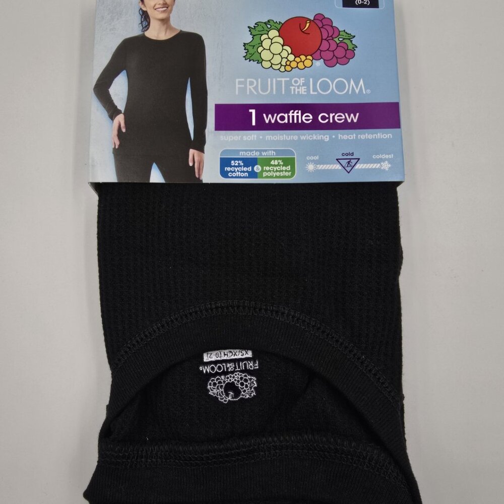 Fruit of the Loom Women's Black Waffle Crew Thermal Long Sleeve Size X Small